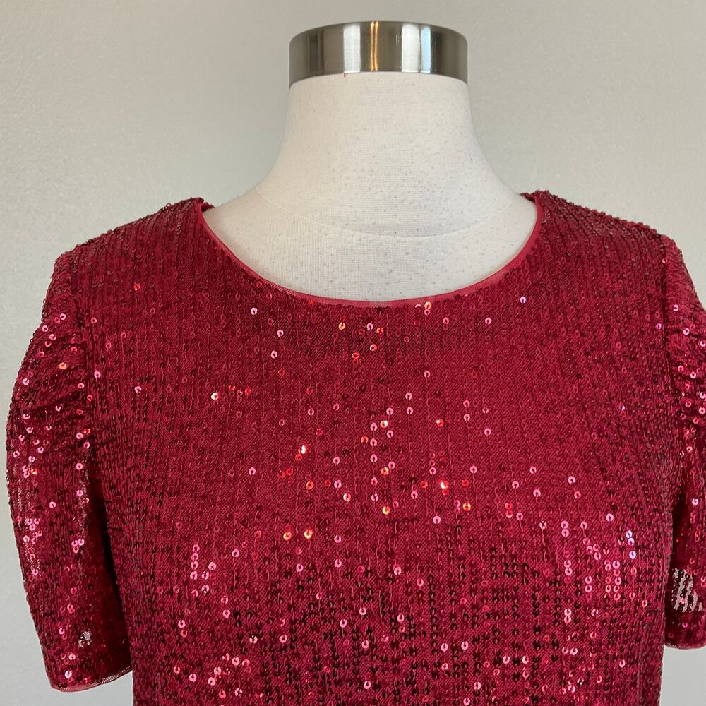 DKNY Red Cocktail Dress Sequined Short Sleeve Scoop Neck Mini Shift Size 8 - Picture 6 of 10